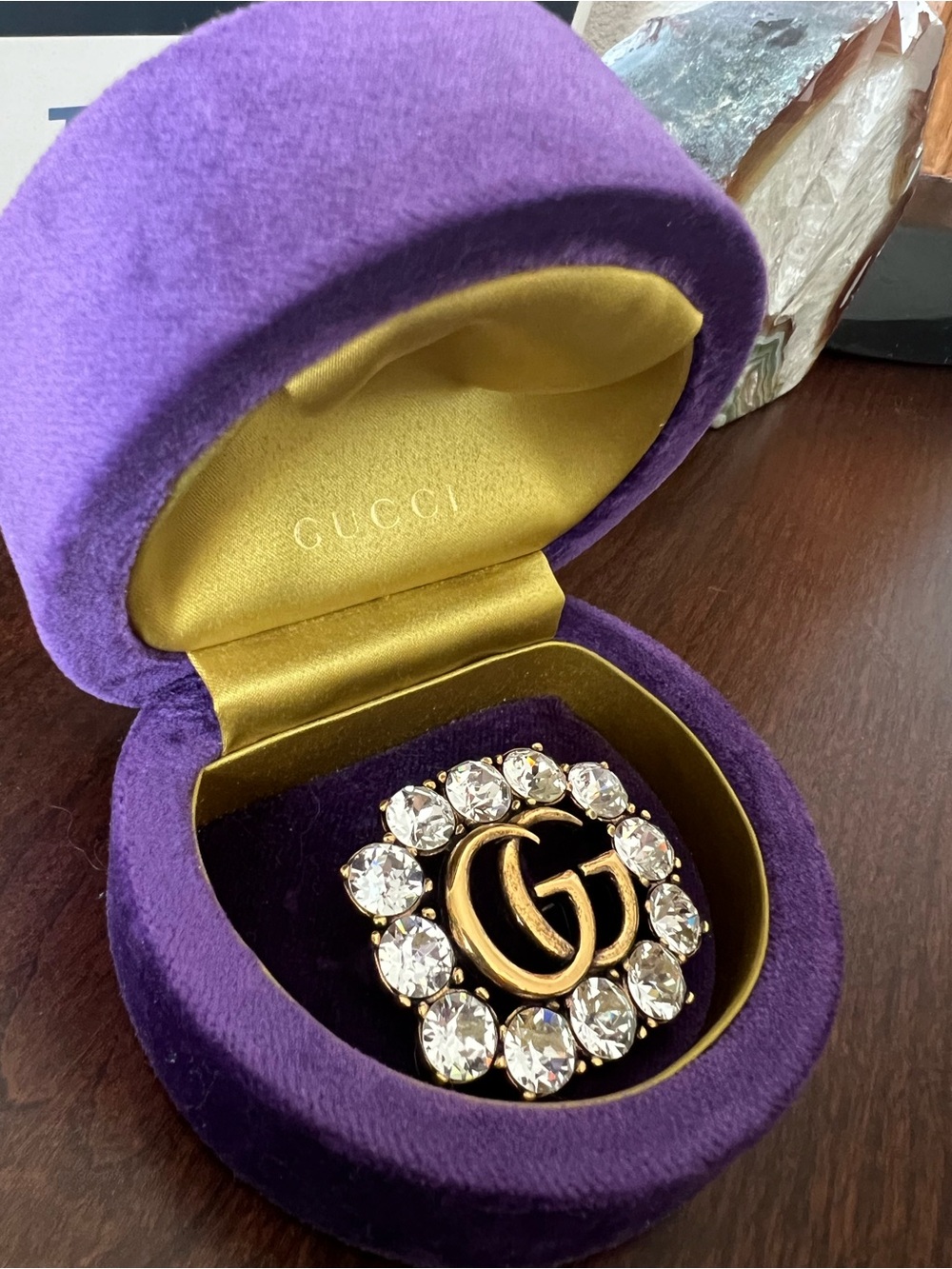 Gucci Gold Tone GG Crystal Brooch - like new!